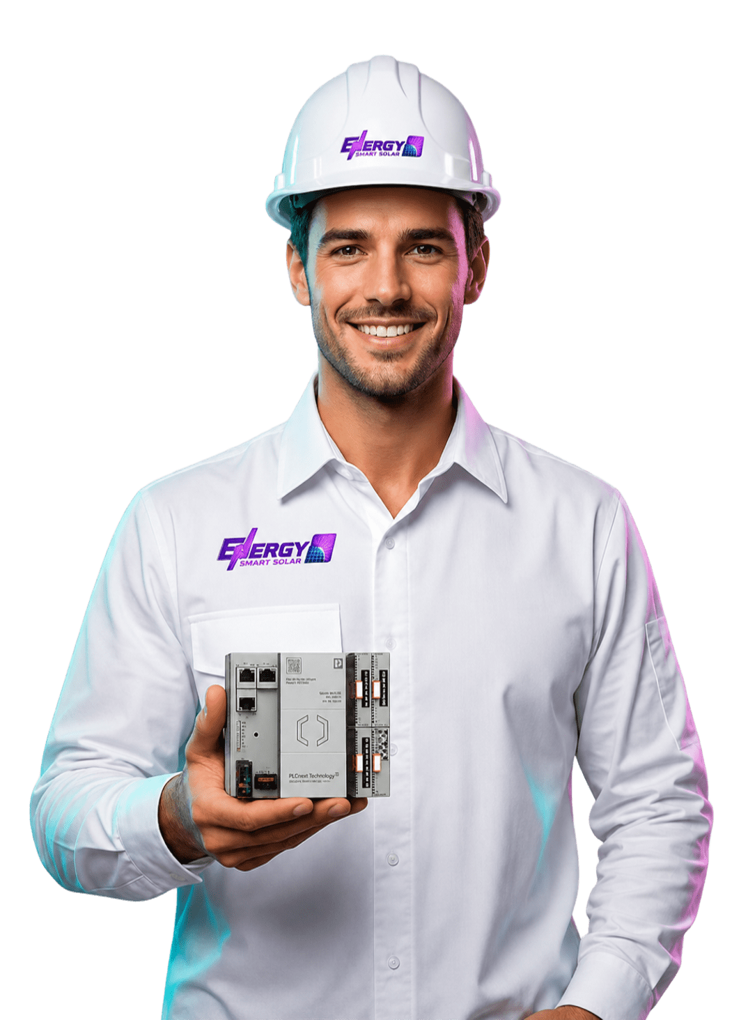 Smart Solar electrical engineer holding the intelligent EMS controller
